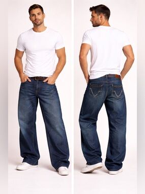 Antique Rivet  Jeans Mens Blue Straight Leg Embellished Pockets Streetwear 34x32